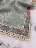 Sage green saree with cross stitch borders - Image 2