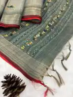 Sage green saree with French knots in Linen silk - Image 2