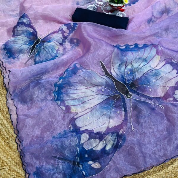 Organza Saree with floral print and scalloped resham border - SY005