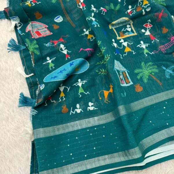 Warli printed Soft cotton in Teal green