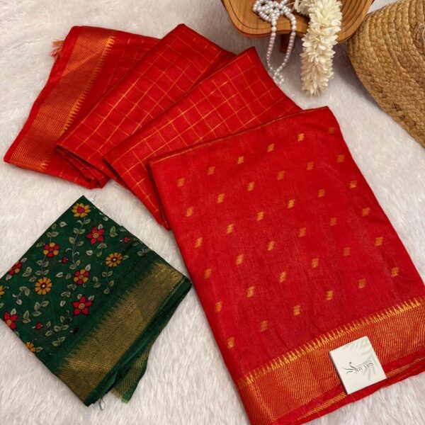Soft silk cotton with Kalamkari blouse - Hot red