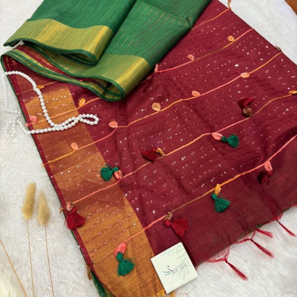 Silk cotton with embellishments- Green&maroon