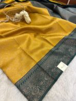 Raadhai (semi silk saree) - Yellow with Bottlegreen - Image 2