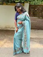 Printed Cross stitch on Tussar silk in Ice blue