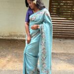 Printed Cross stitch on Tussar silk in Ice blue