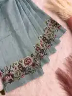 Printed Cross stitch on Tussar silk in Ice blue - Image 3