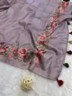 Printed Cross stitch on Tussar silk in Mauve - Image 3