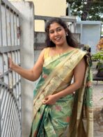 Poongothai (Tissue Kancheevaram silk) - Golden green - Image 6