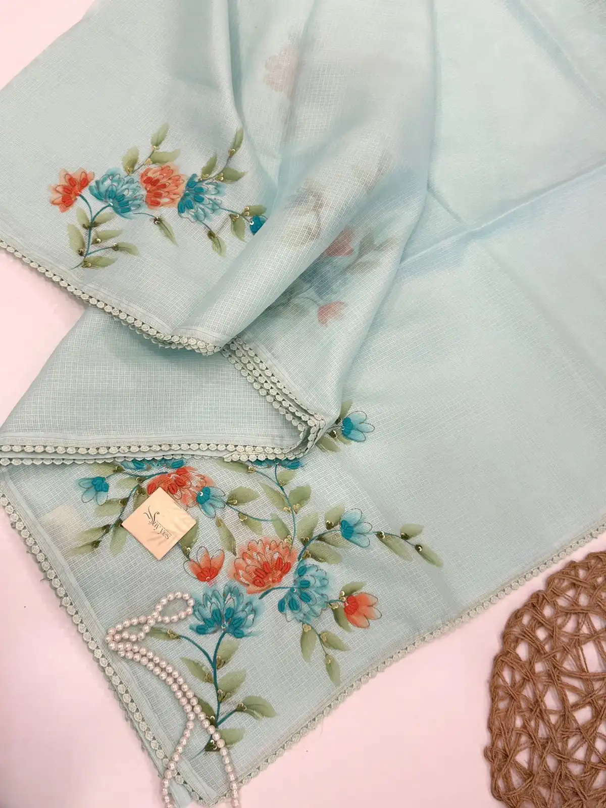 268b4219-aea0-4b8d-bd7d-c6696bf6f418 Blush & Bloom (Hand-painted Kota ) - Iris blue - Image 1