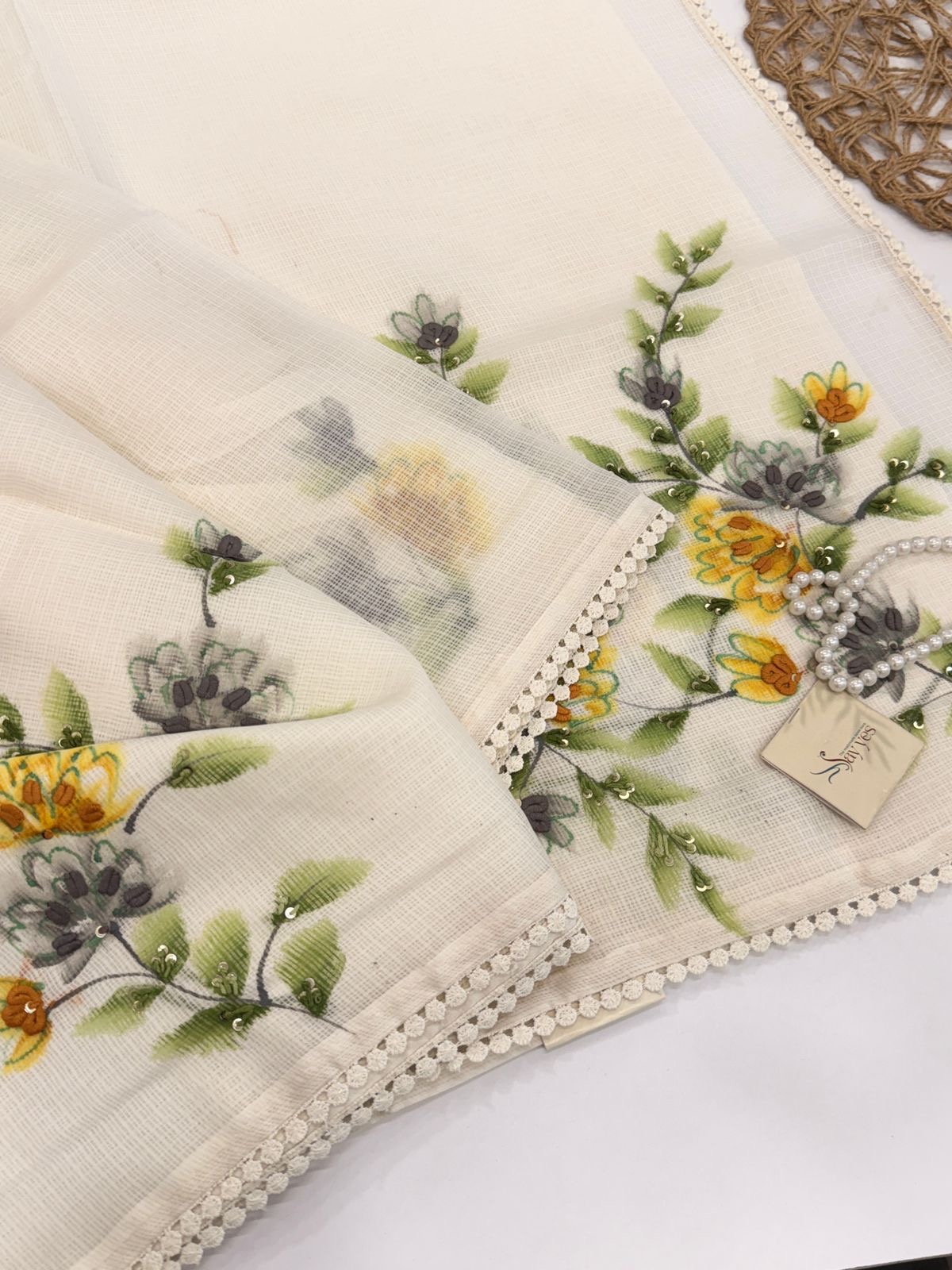 5af0870c-0732-45d4-97e2-3bc5b84f9f07 Blush & Bloom (Hand-painted Kota ) - Lily white - Image 1