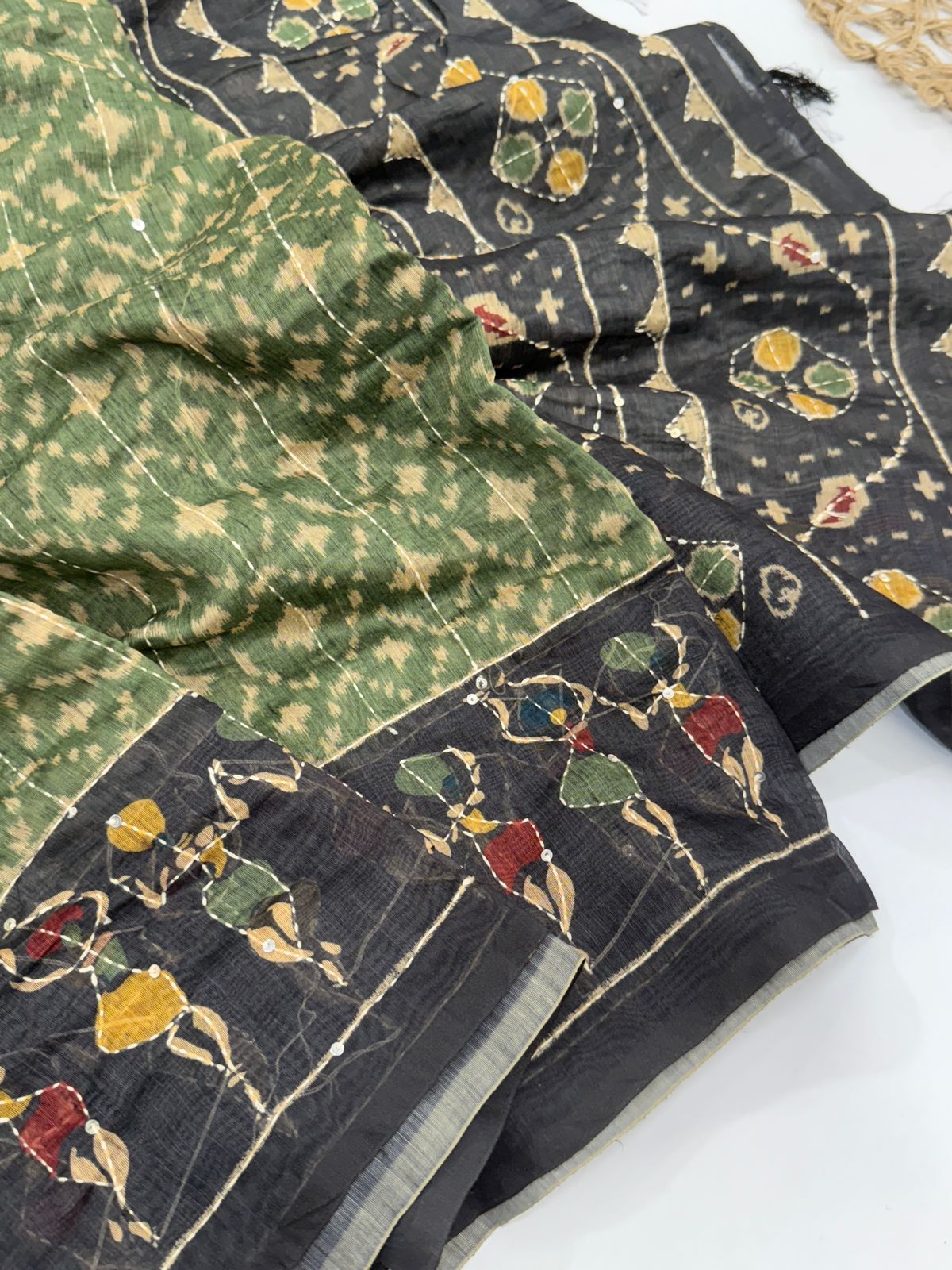 e939784e-ed69-498f-b788-e782bfd0bd31 Monica (Katha embroidered Chanderi) - Olive green - Image 1