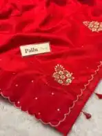 Agnika (Hand-embroidered Raw silk) - Vermilion red - Image 6