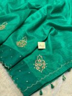 Agnika (Hand-embroidered Raw silk) - Sea green - Image 3
