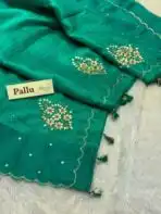 Agnika (Hand-embroidered Raw silk) - Sea green - Image 7
