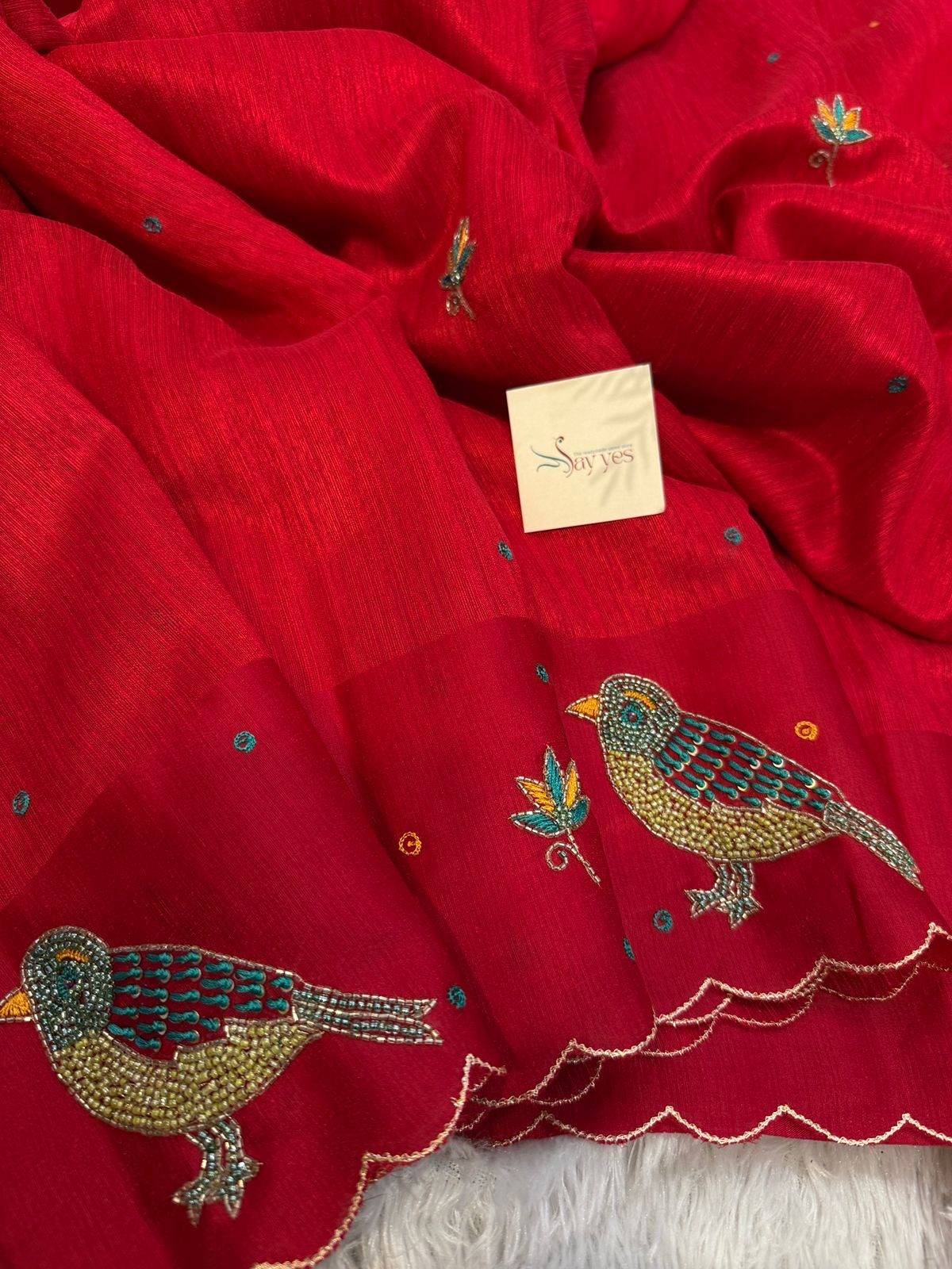 6b640f2e-e85e-46a4-b3f3-9f26457278d8 Chidiyan (Hand-embroidered Raw silk) - Crimson - Image 1