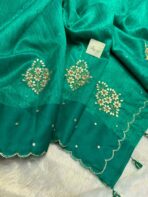 Agnika (Hand-embroidered Raw silk) - Sea green
