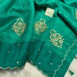 Agnika (Hand-embroidered Raw silk) - Sea green