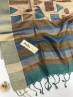 Himaja (Printed Tussar) - Sand beige with Emerald & Blue - Image 4