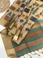 Himaja (Printed Tussar) - Sand beige with Emerald & Brown