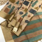 Himaja (Printed Tussar) - Sand beige with Emerald & Brown