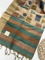 Himaja (Printed Tussar) - Sand beige with Emerald & Brown - Image 3