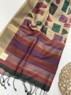 Himaja (Printed Tussar) - Sand beige with Plum & Rose - Image 3