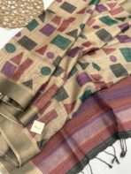 Himaja (Printed Tussar) - Sand beige with Plum & Rose
