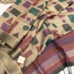 Himaja (Printed Tussar) - Sand beige with Plum & Rose