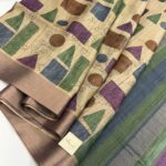 Himaja (Printed Tussar) - Sand beige with Purple & Green