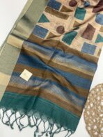 Himaja (Printed Tussar) - Sand beige with Emerald & Blue - Image 3
