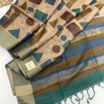 Himaja (Printed Tussar) - Sand beige with Emerald & Blue