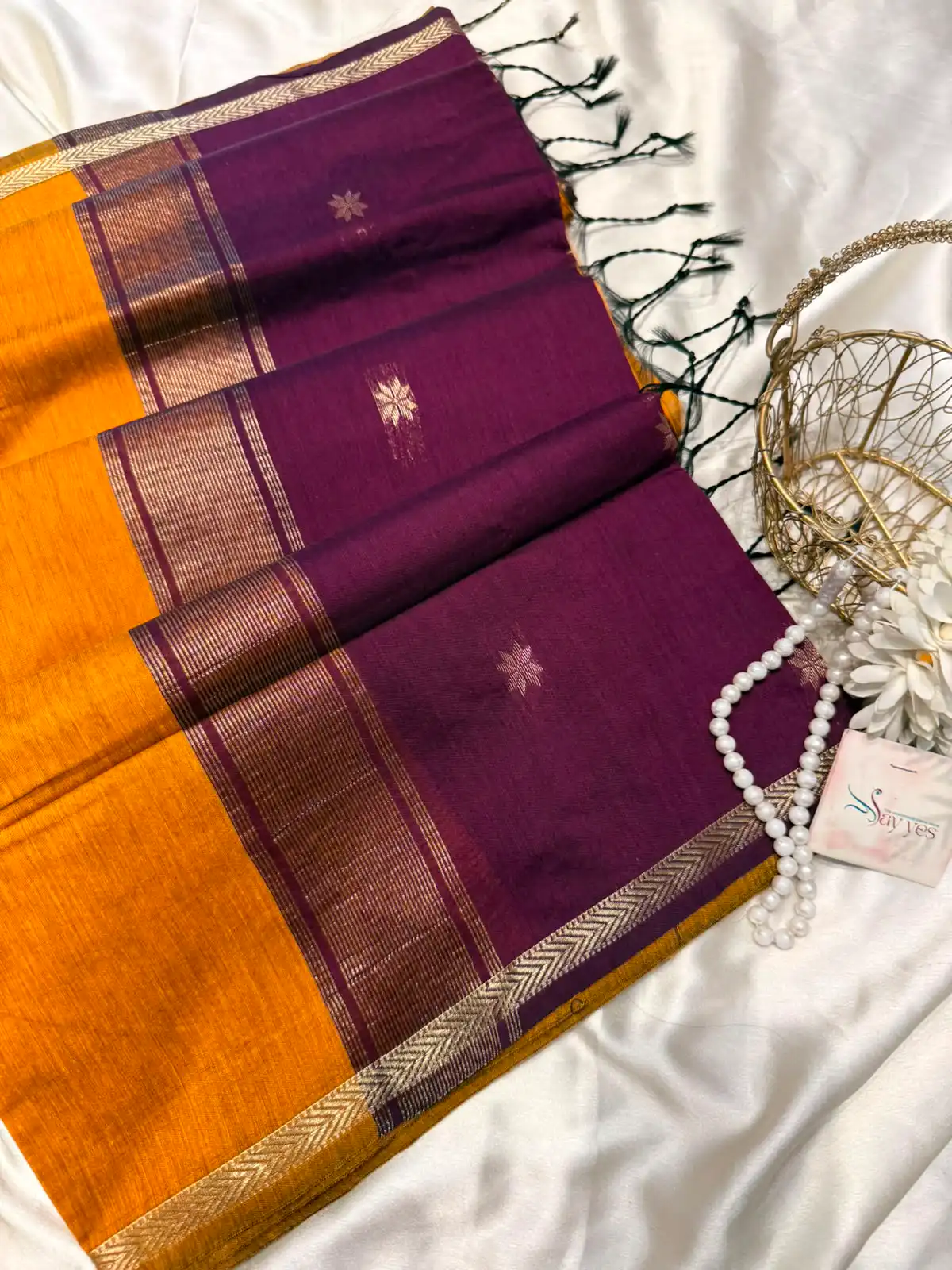 8625be04-80e8-422a-b029-b518d585cc58 Maheshwari (Silk cotton) - Mustard & Purple - Image 1