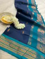 Maheshwari (Silk cotton) - Navy & Teal - Image 3