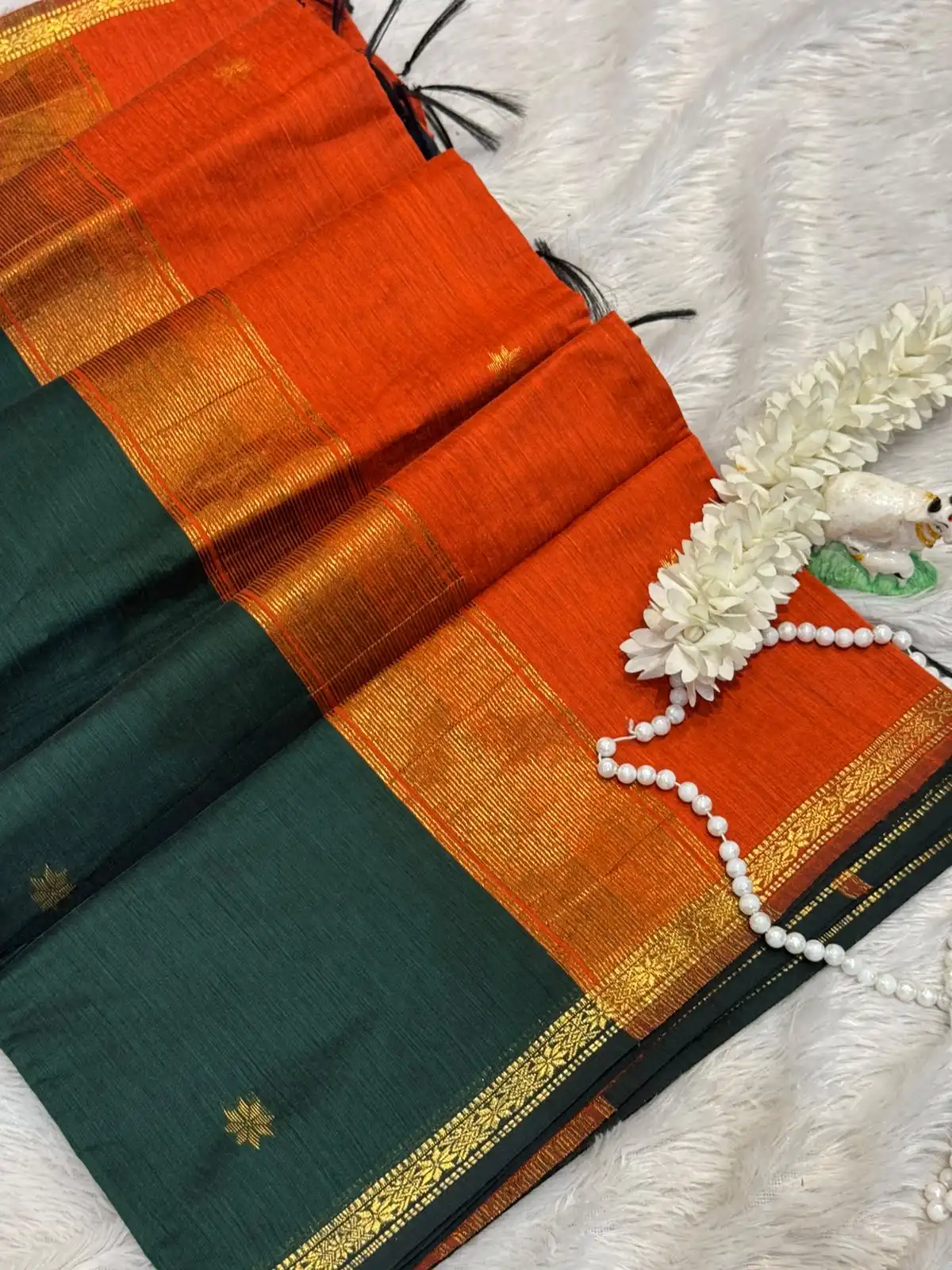 fac54f4d-5a55-4a78-a7ba-ebbf75f73cda Maheshwari (Silk cotton) - Green & Orange - Image 1